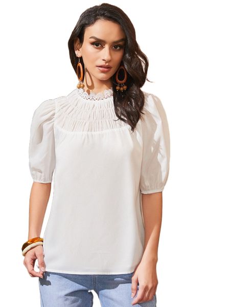 

puff sleeve shirred guipure lace insert blouse l9hu#, White