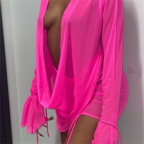 

kliou mesh two piece set women skirt hipster see through flare long sleeve low v-neck and bandage drawstring outfits 220509, White