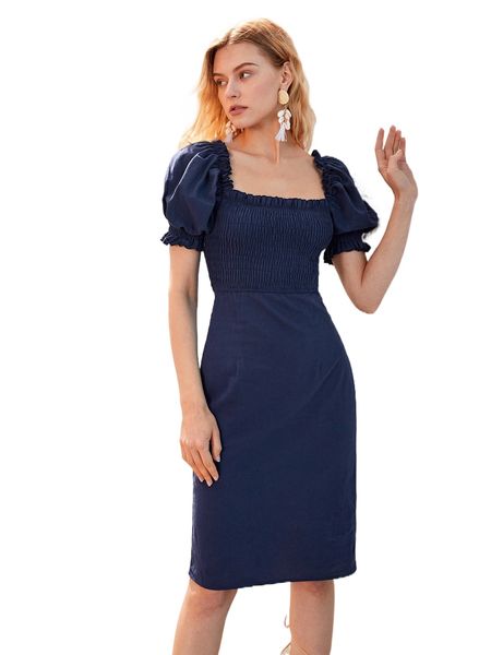 

square neck puff sleeve frill trim shirred split back dress w07f#, Black;gray