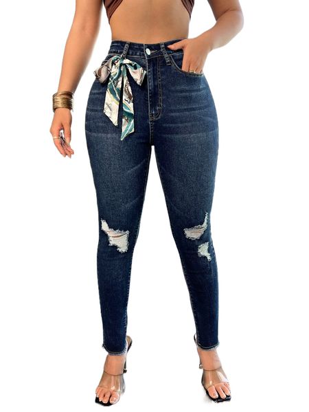 

sxy high waist ripped raw trim scarf detail skinny jeans j470#, Blue