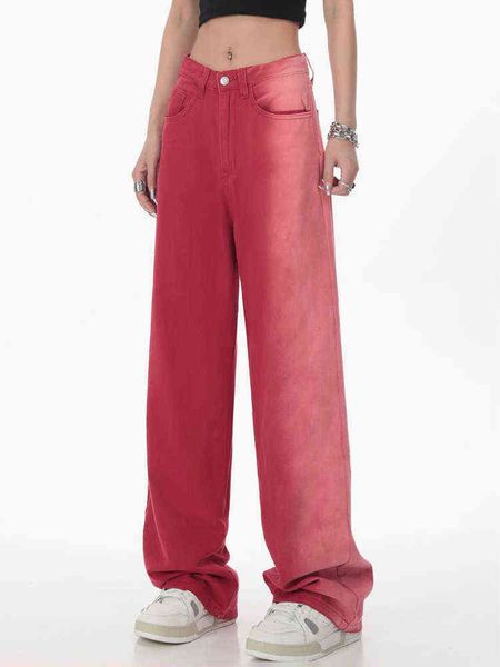 Retro gewaschene rote Farbverlaufsjeans Damen Sommer amerikanisches High Street Design lässig weites Bein Wischhose Tide Denim Hose T220728