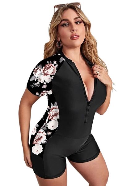 

plus floral print zipper raglan sleeve one piece swimsuit 47gd#, White;black