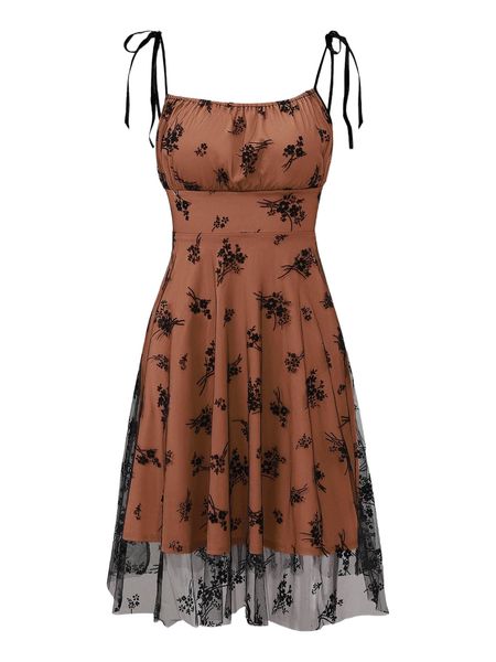 

mesh overlay tie shoulder cami dress 57nn#, Black;gray