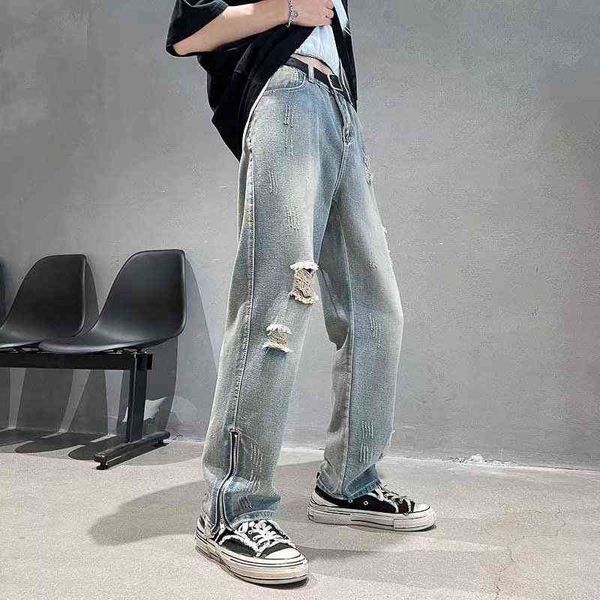 

summer blue ripped jeans men slim fashion zipper casual straight jeans men streetwear hip hop hole denim pants mens trousers t220726