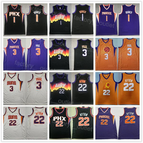 Uomo Valley Basketball Devin Booker Jersey 1 DeAndre Ayton 22 Chris Paul 3 All Stitched Team traspirante Nero Viola Bianco Arancione Colore per gli appassionati di sport Puro cotone