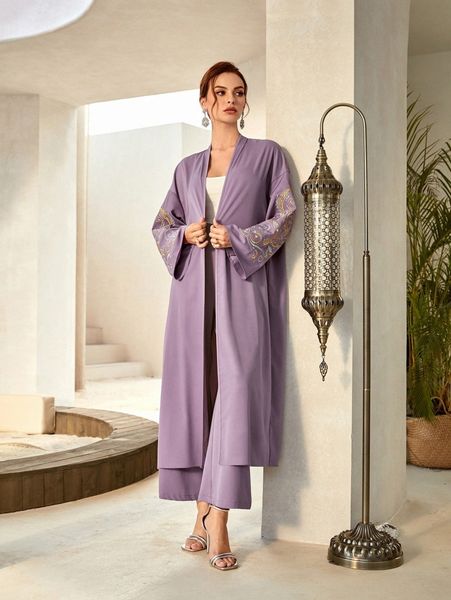 

floral embroidered drop shoulder coat & pants m9he#, White