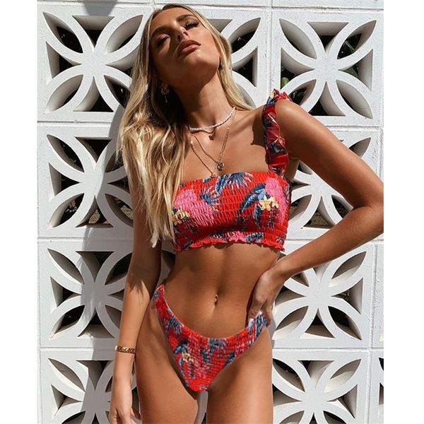 

floral print bikini 2020 new swimwear women swimsuit push up bikini set ruffle bathing suit summer beach wear swimming suit t200708, White;black