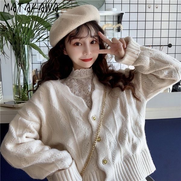 

sweet vneck cardigan loose coat autumn and winter longsleeved casual knitted sweater women 210506, White