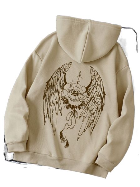 

wings & floral print drawstring thermal lined hoodie k6jk#, Black