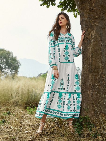 

geo print tassel tie neck lantern sleeve smock dress z43r#, Black;gray