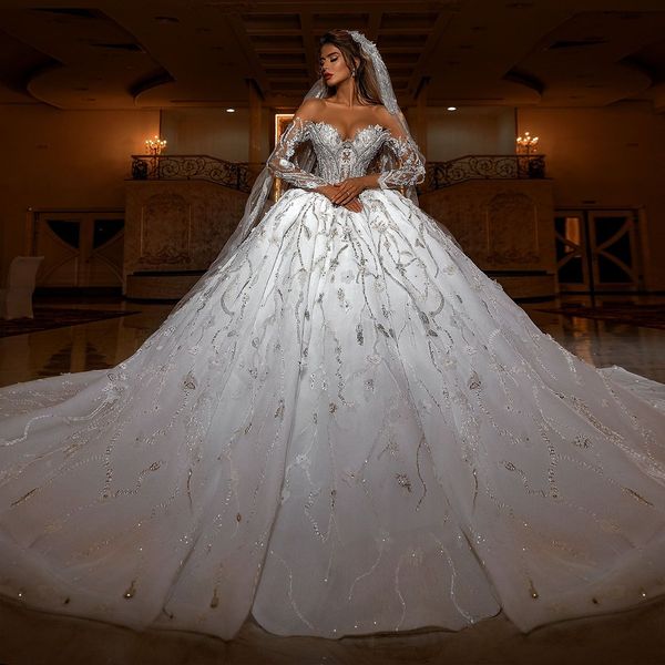 Abito da sposa abito da ballo Dubai abiti da sposa dalla manica lunga delle spalle vesti di perline de mariee