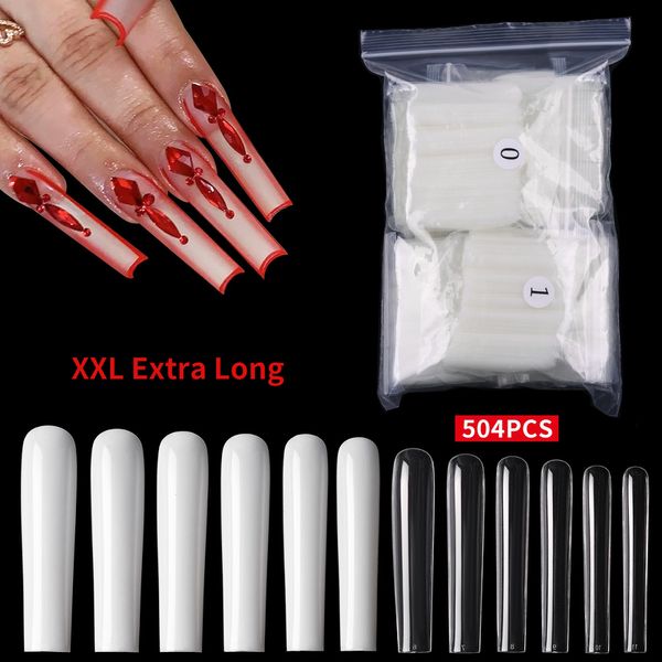 504 Stück XXL-Extras, lange falsche Nagelkunst-Spitzen, weiß, transparent, Acryl, vollständige Abdeckung, gefälschte Sargnägel, für Salon-Zubehör 220716