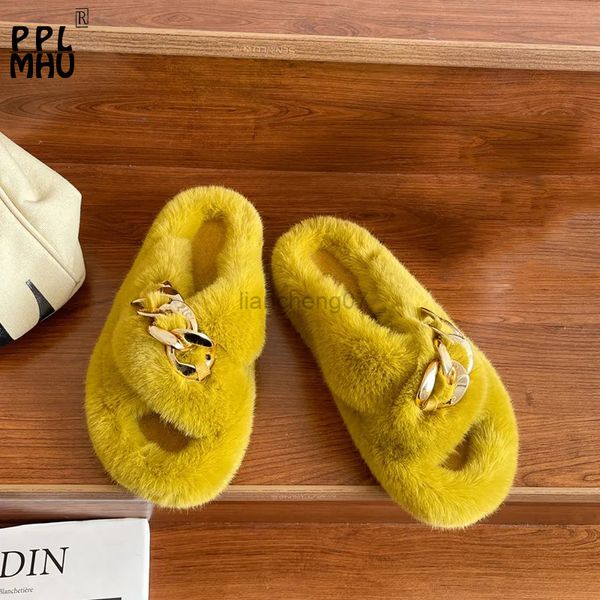 Giallo soffice pelliccia Furry Women Designer Slides Inverno caldo indoor Comode scarpe da casa antiscivolo Pantofole leggere catena di moda G220816