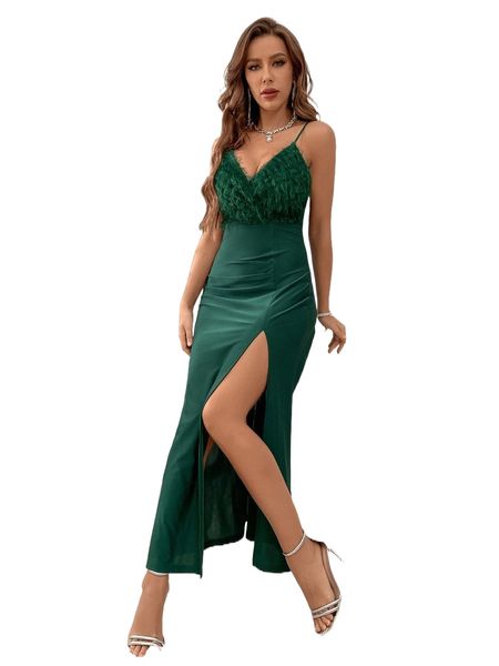 

fuzzy trim split thigh bodycon dress q1og#, Black;gray