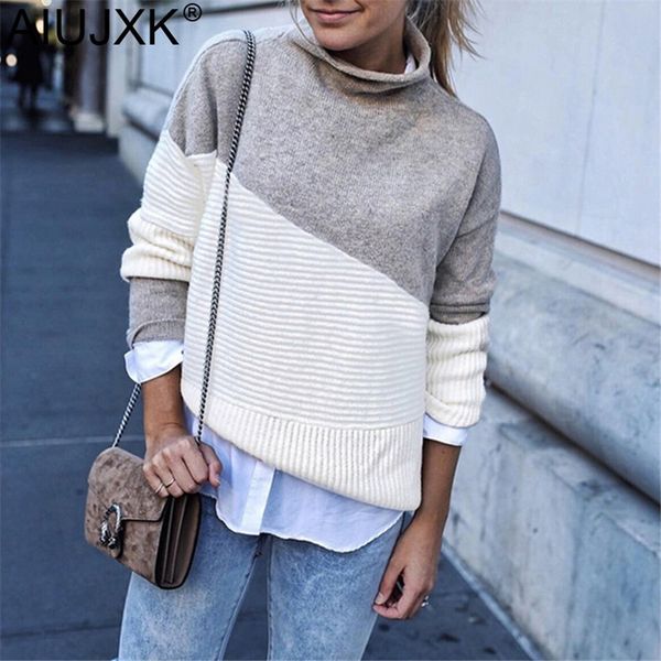 

aiujxk 2019 new arrival patchwork turtleneck pullover women knitwear autumn winter sweaters and pullovers casual knitted jumper y200722, White;black