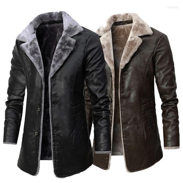 Männer Trenchcoats 2022 Fabrik Herbst Winter Herren Mid-Long Leder Business Revers Fleece Warm Taillierte Einreiher Jacke Übergroße Viol2