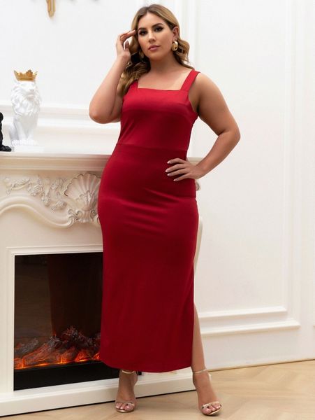 

seomiscky plus split thigh solid cami dress a6b6#, Black