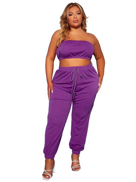 

sxy plus solid crop tube & drawstring sweatpants set t1xj#, Black