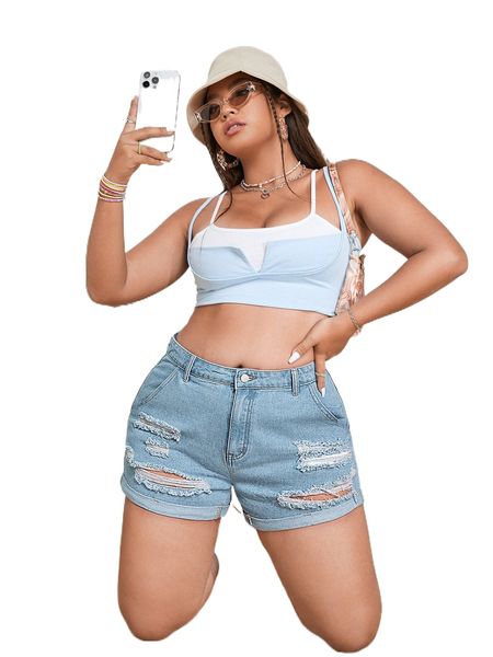 

plus ripped roll hem denim shorts v2km#, White;black