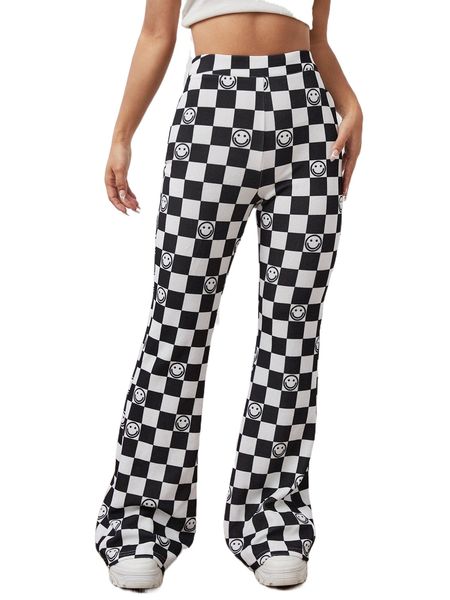 

x tartagain checkered & expression print flare leg pants q2ew#, Black;white