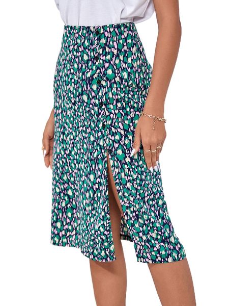 

allover print split thigh skirt d1da#, Black