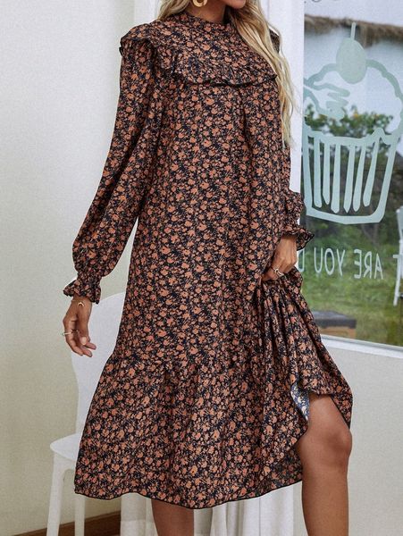 

ditsy floral mock neck ruffle trim flounce sleeve dress 59u3#, Black;gray