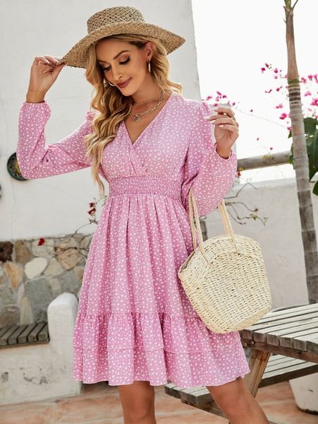 

confetti heart print shirred waist lantern sleeve dress r9ha#, Black;gray