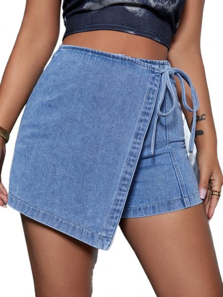 

knot side asymmetrical hem denim shorts w8pz#, White;black