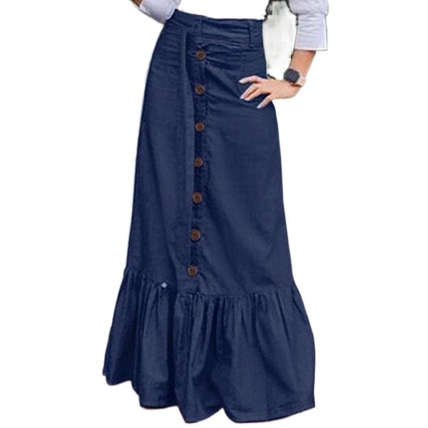 

skirts women high waist solid ruffle hem skirt jupe summer casual party faldas saia long belted vintage denim blue d2dg#, Black