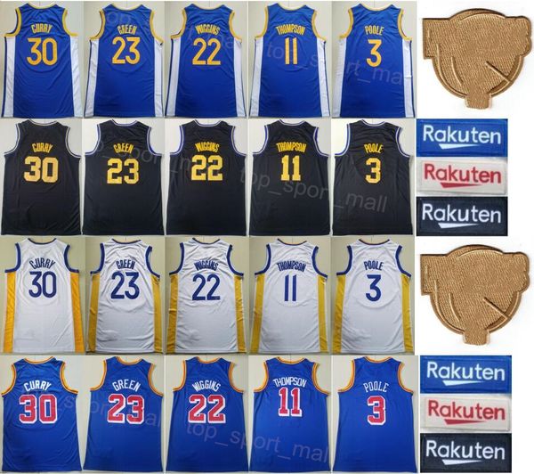 Adam Finalleri Basketbol Stephen Curry Jersey 30 Klay Thompson 11 Andrew Wiggins 22 Draymond Green 23 Poole 3 Dikişli Şehir Kazanan Rakuten Patch Beyaz Mavi Sarı Siyah