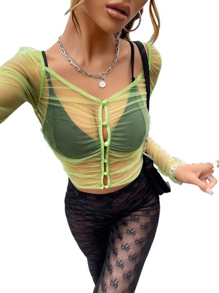 

button front crop mesh blouse without bra s8nu#, White