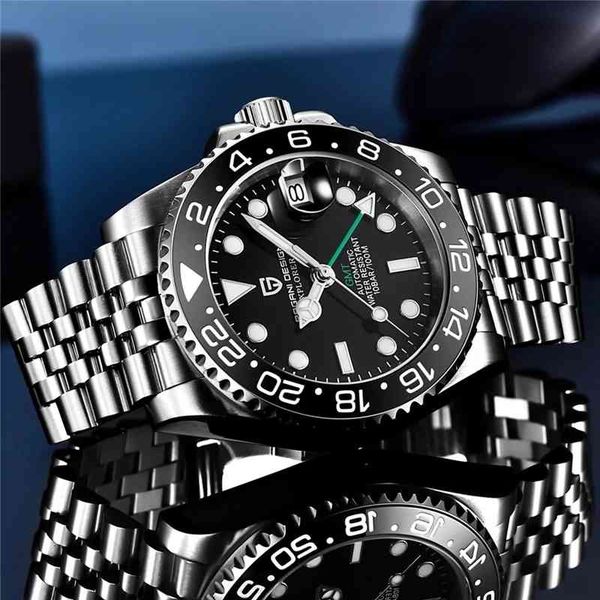 

wrist watch pagani design gmt 40mm mechanical watches brand sapphire glass stainless steel sports waterproof men's automatic watch, Slivery;brown