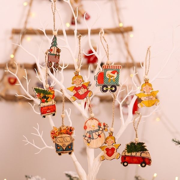 1set carr Angel Toys Year Wood Wood Christmas Ornamentos de pingentes pendurados presentes de natal decoração de casa da árvore y201020