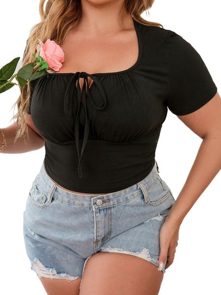 

plus tie front scoop neck tee r9kl#, Black