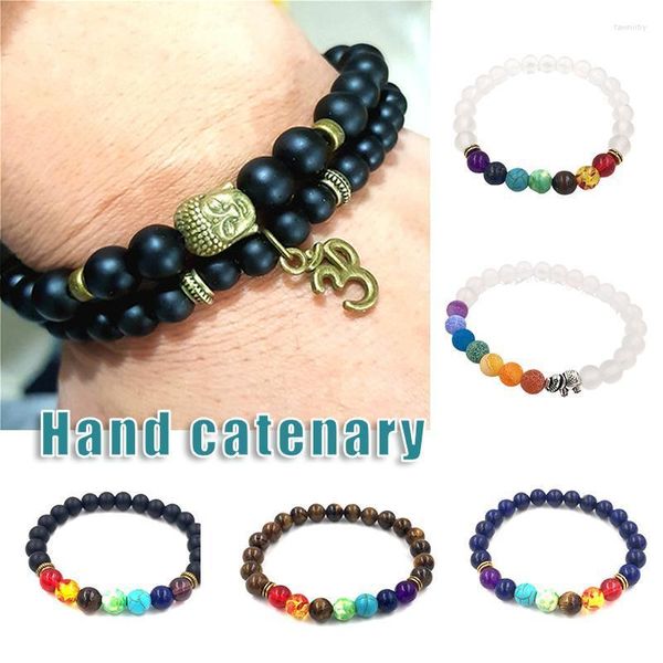 Fili di perline Bracciale 7 Chakra 8mm Nero smerigliato 3D Testa di Buddha Pietra energetica Colorata perlina buddista Donna Uomo Fawn22