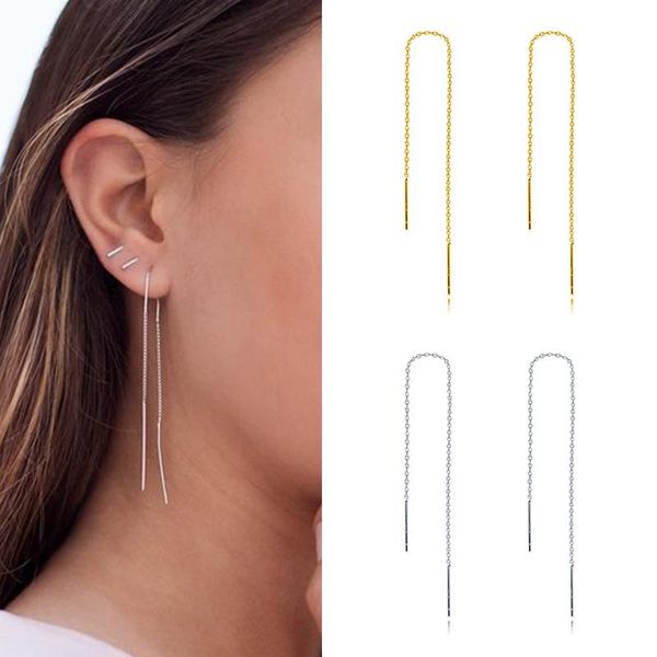 Ciondola il lampadario orecchini semplici della catena dell'argento dell'oro per le donne 925 Sterling Ear Needle Long Charm Threader JewelryDangle