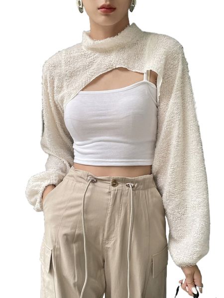 

dazy mock neck lantern sleeve super crop r7wp#, White