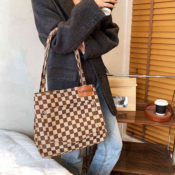 

japan and south korea chic black and white checkerboard canvas bag large capacity fashion single shoulder bag simple student women's ba