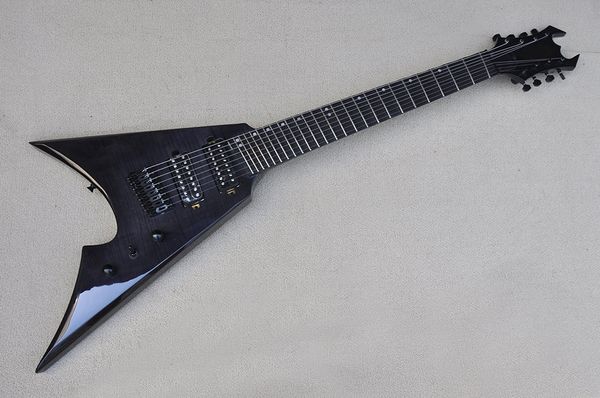 

factory custom 8 strings black electric guitar,flame maple veneer,fanned fret,scalloped neck,ebony fretboard,can be customized