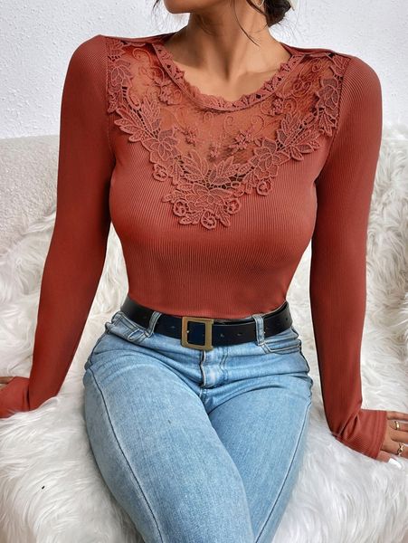 

guipure lace panel ribbed knit tee z8xb#, White
