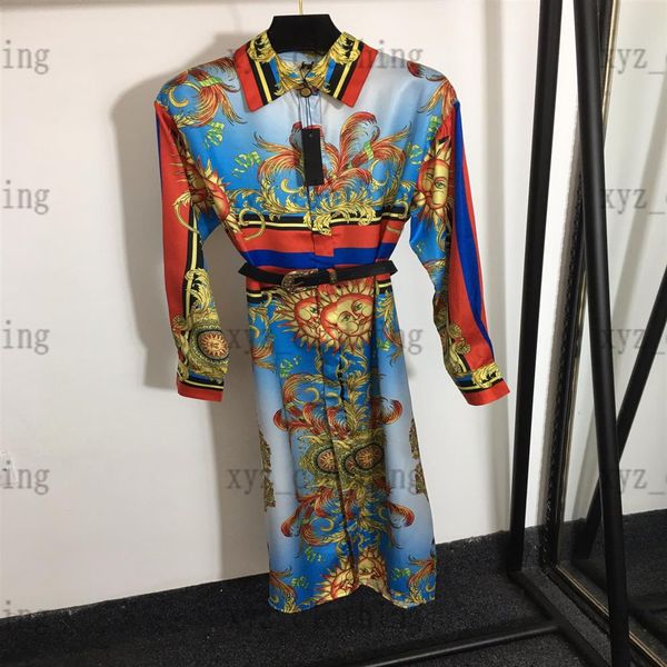 

2022ss summer women long dresses vintage floral print belt nipped waist shirt dress long-sleeve dresss button pleated polo skirt s237t, Black;gray