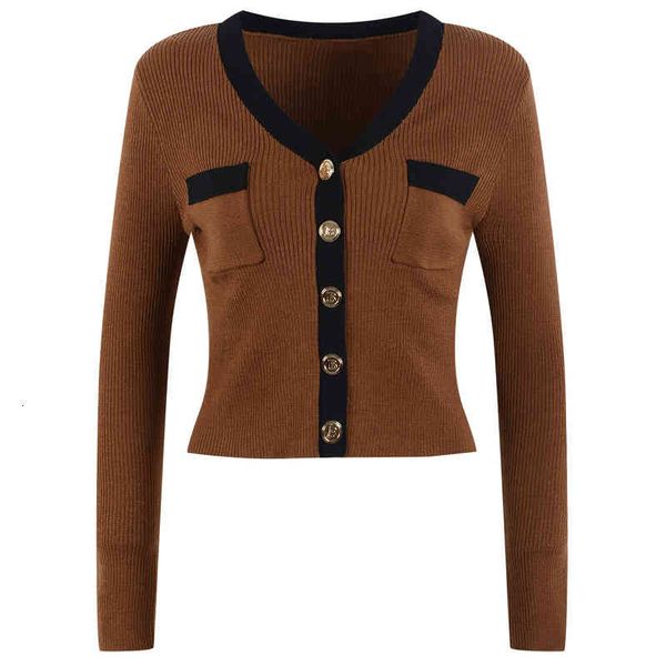 

women's knits tees pocket contrast letter knitted cardigan women's autumn and winter korean style temperament stitched v-neck coat, White