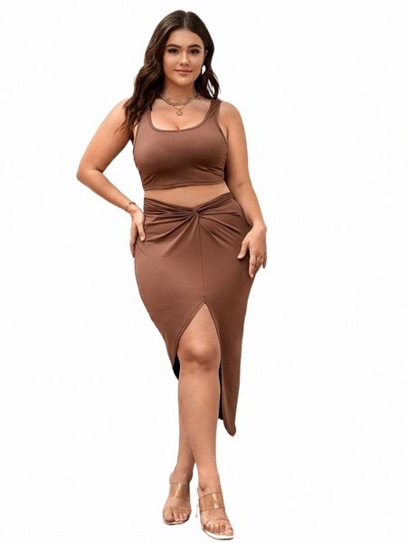 

x gabi martins plus solid crop tank & split hem twist front skirt l51a#, Black