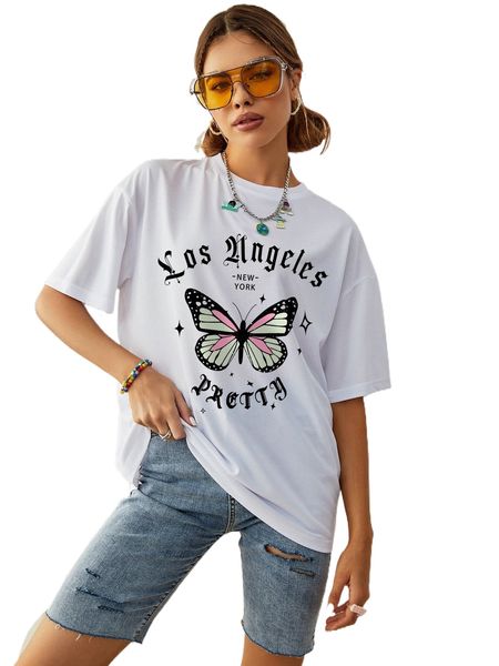 

letter & butterfly print drop shoulder tee h9s2#, White