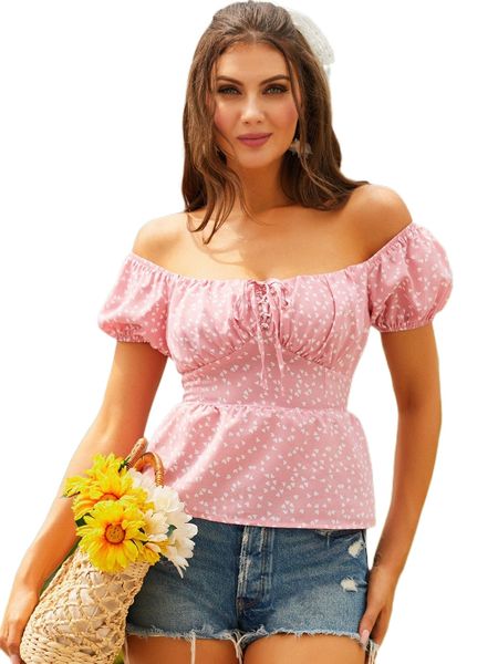 

sbetro confetti heart print ruched bust off shoulder lace up front z2ti#, White