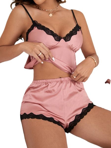 

lace trim satin pajama set p47s#, Black;red