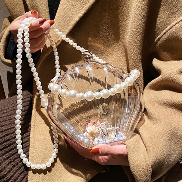 Moda bolsas de noite de concha de acrílico para mulheres transparentes com corrente de pérola bolsa de ombro transversal 2022 nova bolsa de festa e bolsas de mão