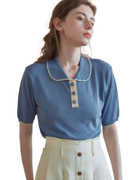 

simple retro contrast trim polo neck w8mp#, White;black