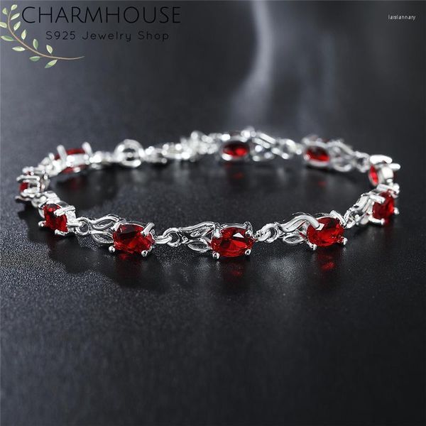 Link Chain Charmhouse Pure 925 Silver Bracelets for Women Red Cubic Zirconia pulseira pulseira pulseira jóia link