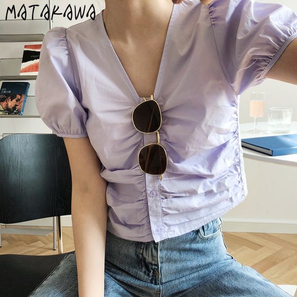 

korean vneck womens blouses pleated shortsleeved women shirt summer folds blusas highwaisted puff sleeve 210506, White